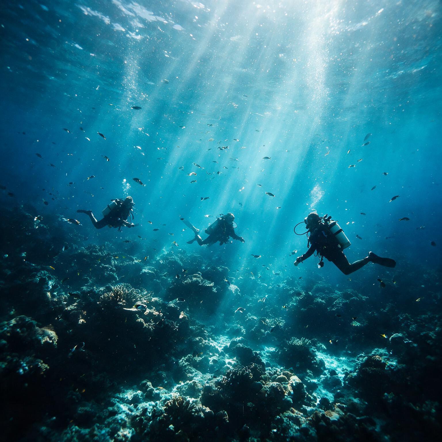 Búvárok merülnek a napfényes vízben – Fanatic Divers búváriskola
